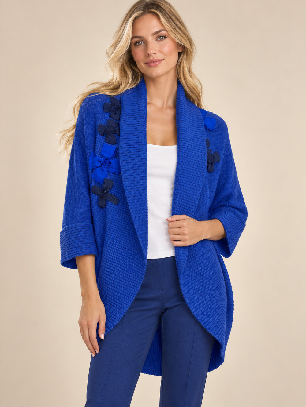 Koi Suwannagate Cashmere Floral Applique Cardigan Blue Estimated M/L #A6548